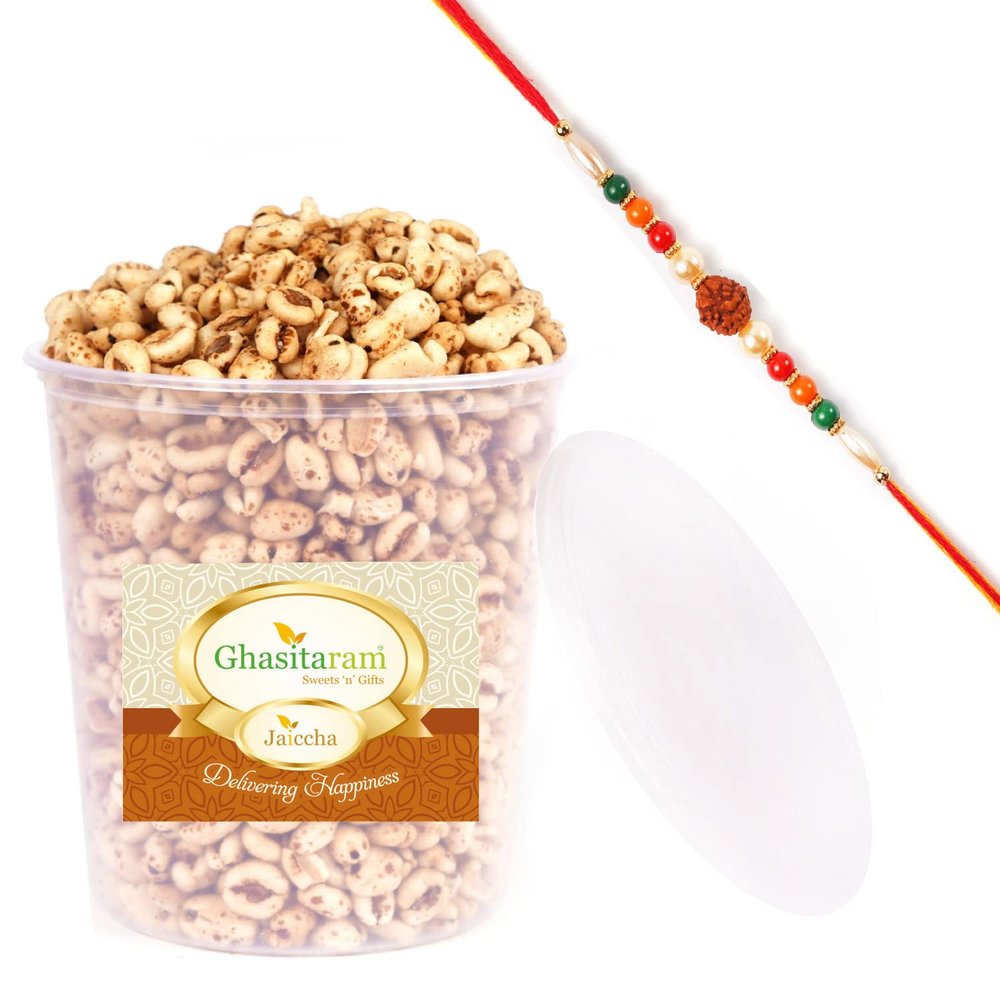 Jaiccha Ghasitaram Rakhi Gifts for Brothers Salted Wheat Puffs 100 GMS with Rudraksh Rakhi