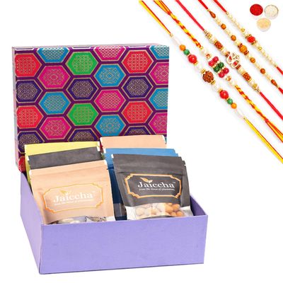 Jaiccha Ghasitaram Rakhi Gifts for Brothers Gourmet Hamper Box of 6 Assorted Nuts with 5 Rakhis