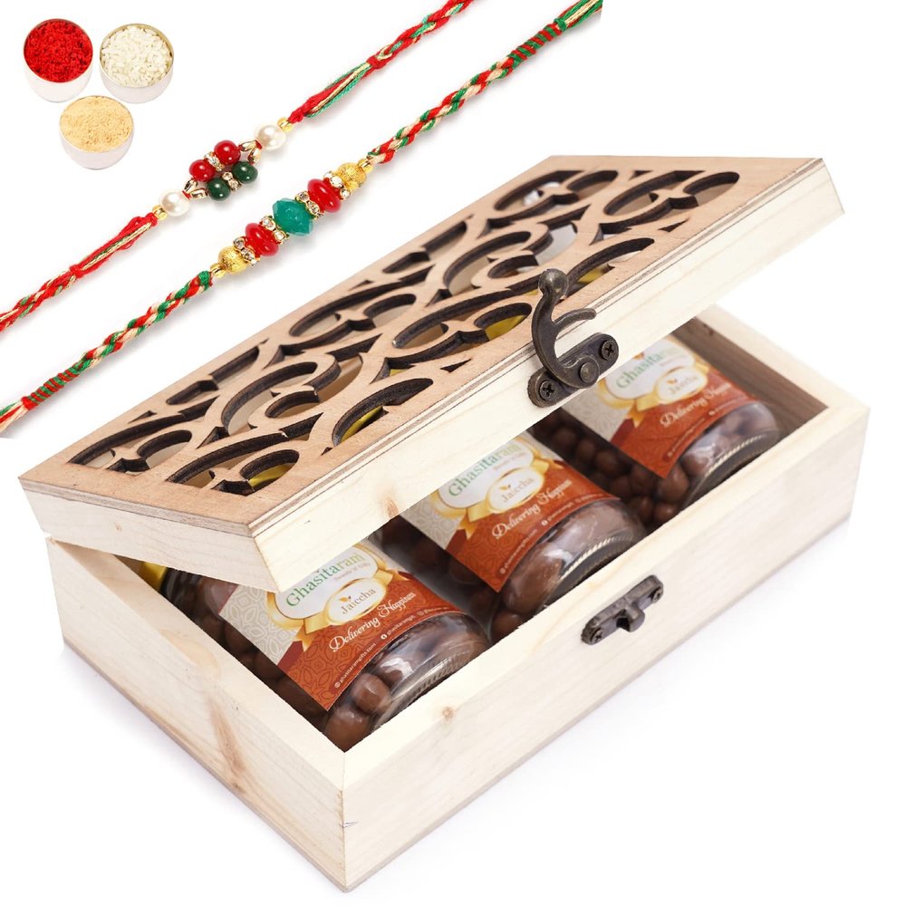 Ghasitaram Gifts Rakhi Gifts for Brothers Natural Wood Carving Box with Chocolate Coated Almond, Chocolate Coated Butterscotch and Chocolate Coated Rasins with 2 Rakhis