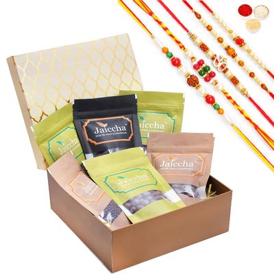Jaiccha Ghasitaram Rakhi Gifts for Brothers Hamper Box of Chocolate Coated Nuts with 5 Rakhis
