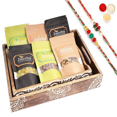 Jaiccha Ghasitaram Rakhi Gifts for Brothers Set of 2 Wooden Serving Trays of 6 Assorted Flavoured Nuts with 2 Rakhis