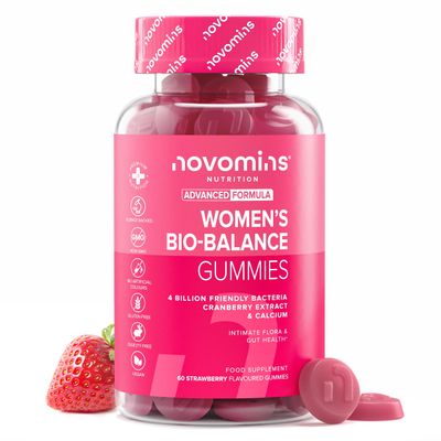 Probiotic Gummies  Womens Bio-Balance Gummies for Intimate Flora and Gut Health  Advanced Multi-Strain Formulation  Vegan Supplement with Calcium & Cranberry Extract - Made by Novomins