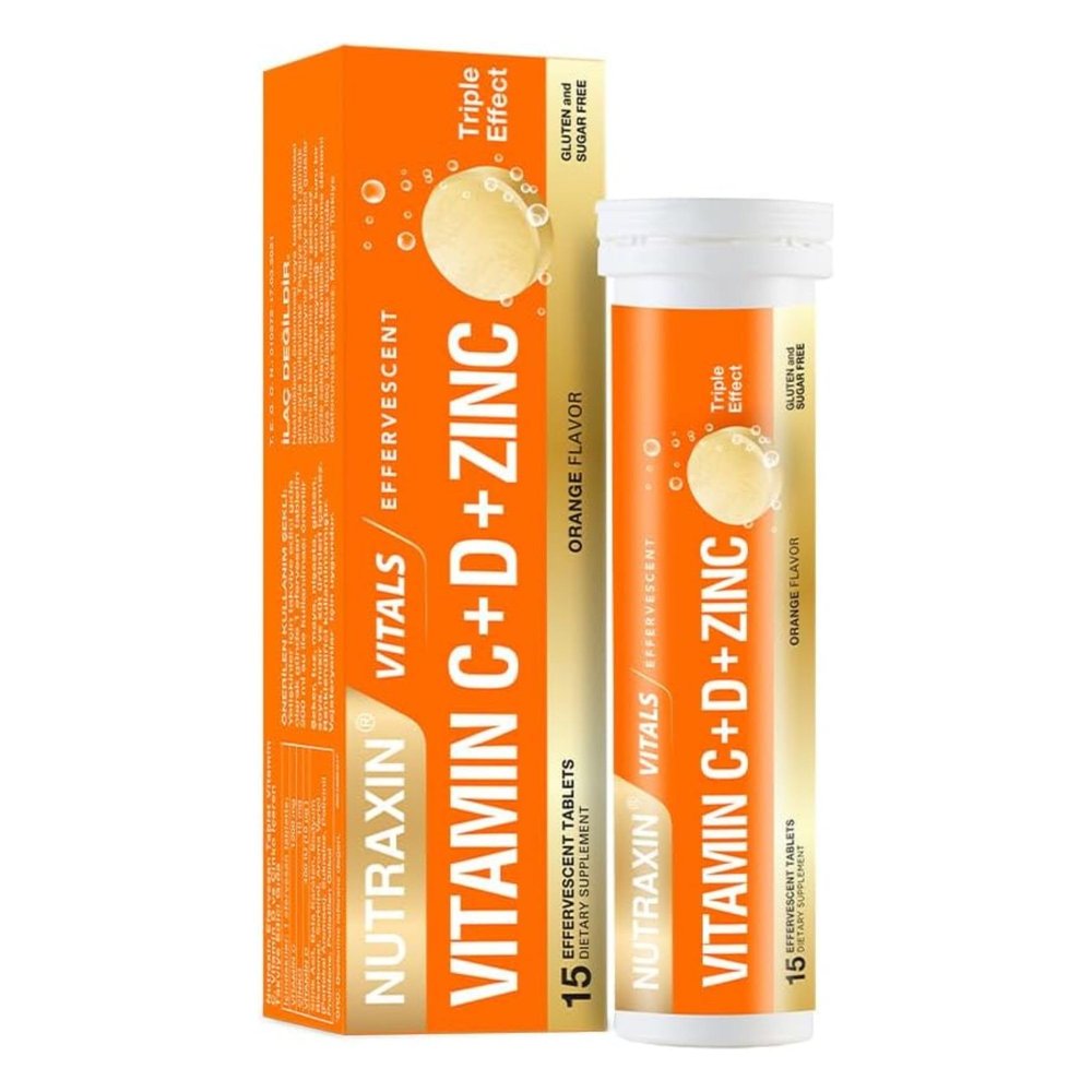Nutraxin Vitamin C+D+Zinc - 15 Effervescent Tablets with 400 IU Vitamin D, 10mg Zinc & 1000mg Vitamin C - Contributes to Normal Immune Function - Sugar-Free, Vegan, Non-GMO - Orange Flavor