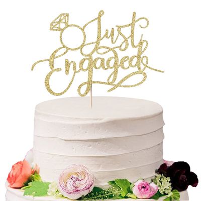 Sodasos Just Engaged Cake Topper for Engagement Party Decorations, Engaged Ring Sign,We're Engaged Cake Toppers (gold)