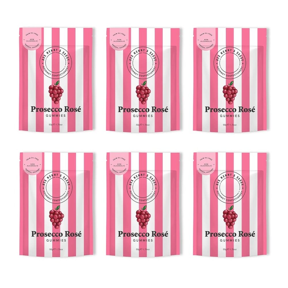 Ask Mummy & Daddy Prosecco Ros Gummies 50g x 6 Pouches | Fizzy Candy Flowers | Strawberry, Cherries and Raspberry Fizz Flavoured Sweets | Chewy Gourmet Jellies | Palm Oil Free and Alcohol Free