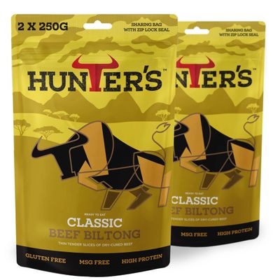 Hunters Biltong - Classic Biltong, 500g Pack of 2 x 250g High Protein, Low Fat, Thin Tender Slices of Authentic Beef Biltong, Beef Jerky, Gluten & MSG Free, Convenient Snack