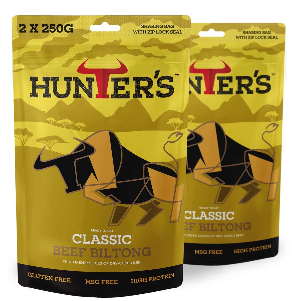 Hunters Biltong - Classic Biltong, 500g Pack of 2 x 250g High Protein, Low Fat, Thin Tender Slices of Authentic Beef Biltong, Beef Jerky, Gluten & MSG Free, Convenient Snack