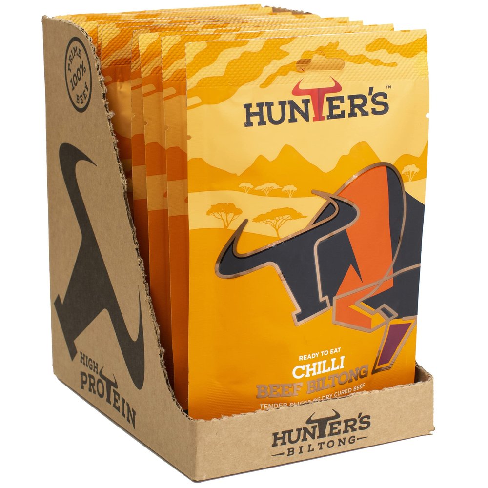 Hunters Biltong  Chilli Beef Biltong, 28g Pack of 10 High Protein, low fat, Thin Tender Slices of authentic Beef Biltong, beef Jerky, MSG Free, Convenient Snack