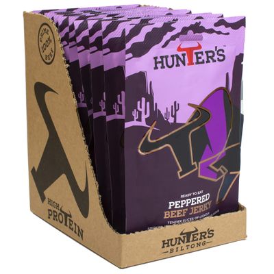 Hunters Peppered Beef Jerky, 28g Pack of 10 Lightly Smoked Jerky, High Protein, MSG Free, Tender slices of Beef infused with freshly crushed peppercorns that warm the palate
