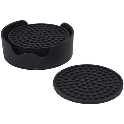 Black Anti-Slip Silicone Table Coaster Set - Six Cup Coasters and Storage Holder - Easy to Clean - Furniture & Countertop Protection - Perfect for Cups & Glasses