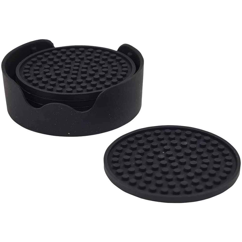 Black Anti-Slip Silicone Table Coaster Set - Six Cup Coasters and Storage Holder - Easy to Clean - Furniture & Countertop Protection - Perfect for Cups & Glasses