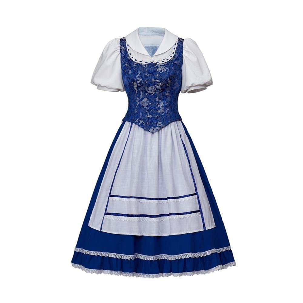 Women's Belle Cosplay Costume Beauty Belle Blue Maid Dress with Apron Halloween Outfit-M