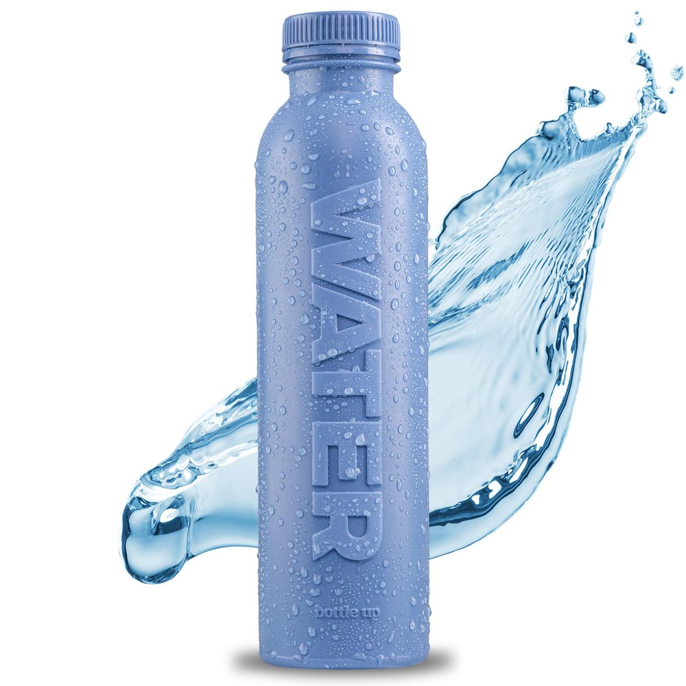 Bottle Up Reusable BPA Free Water Bottle 500ml  Prefilled With Pure Still Water | Plant-Based Sports Bottle Made From Cane Sugar (Stone Blue)