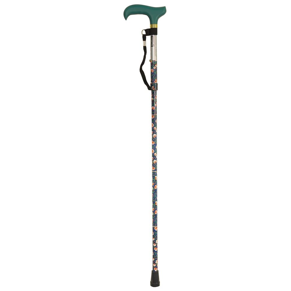 Deluxe Ambidextrous Foldable Walking Cane - 5 Adjustable Height Settings - Emerald Floral Design - Non-Slip Rubber Ferrule - Wrist Strap - 110kg (16 Stone) Weight Limit