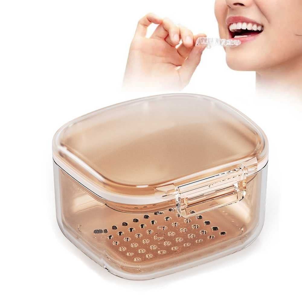 Retainer Case Kit with Strainer, Large Mouth Guard Case with Mirror, Denture Case for Cleaning, Orthodontic Dental Retainer Box  Light and Portable (Khaki)