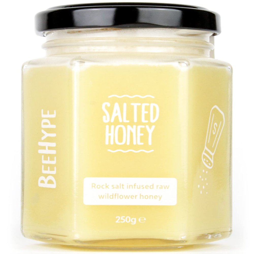 BeeHype Salted Honey  Raw Wildflower Honey with Alpine Rock Salt - Low-Calorie Alternative with NO Palm Oil and NO Refined Sugars - Vegetarian, Nut and Dairy-Free - 250g