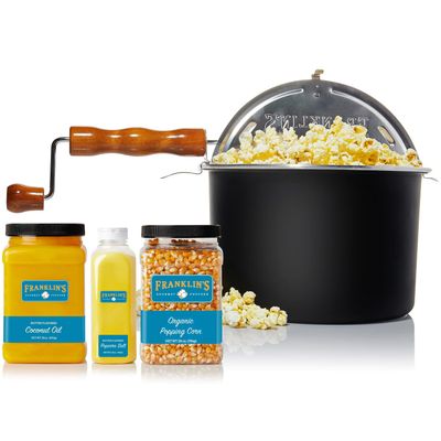 Franklin's Gourmet Popcorn - Movie Night Bundles - Whirley Popper, 28 oz. Organic Corn Kernels, 19 oz. Butter Flavored Salt, 30 oz. Butter Flavored Coconut Oil