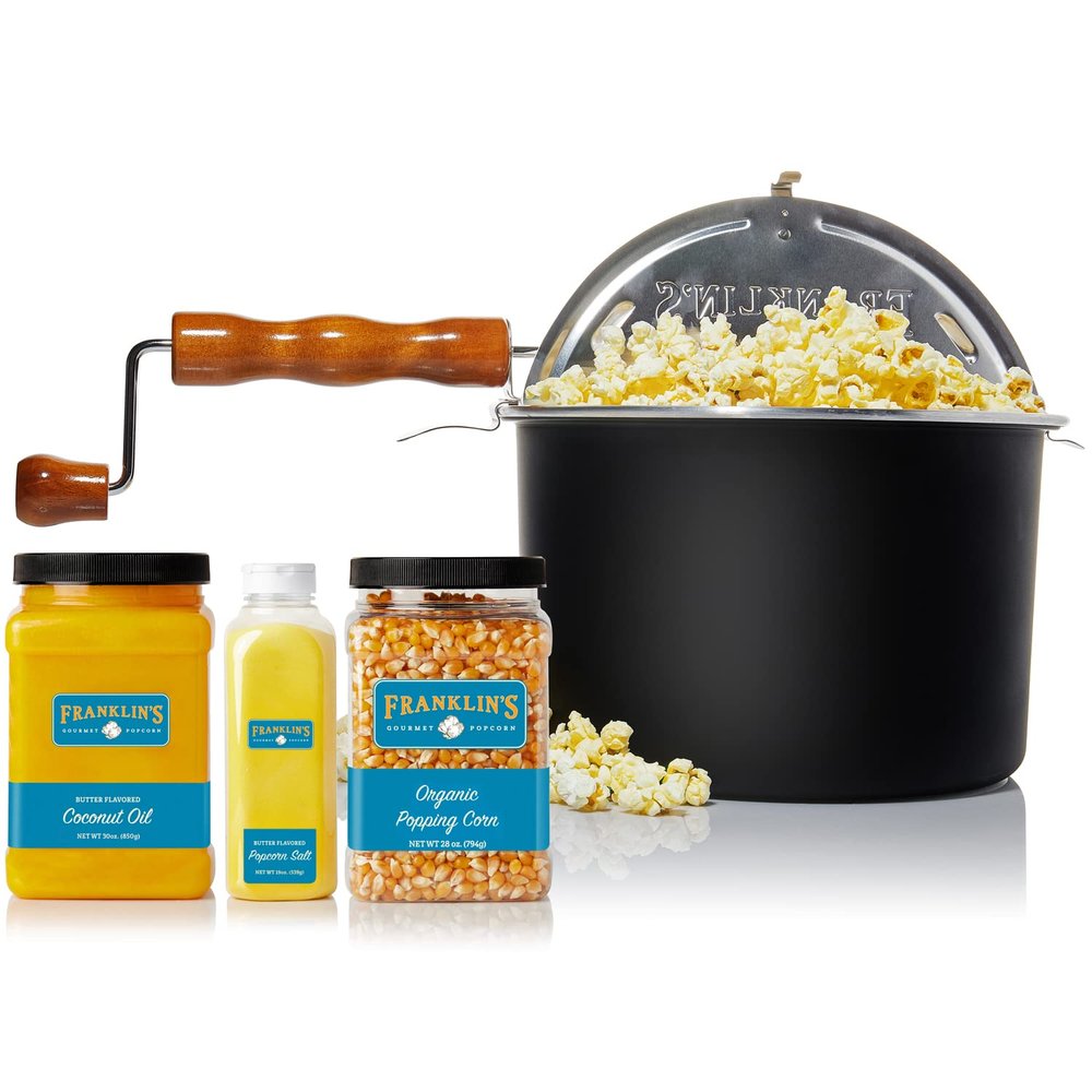 Franklin's Gourmet Popcorn - Movie Night Bundles - Whirley Popper, 28 oz. Organic Corn Kernels, 19 oz. Butter Flavored Salt, 30 oz. Butter Flavored Coconut Oil