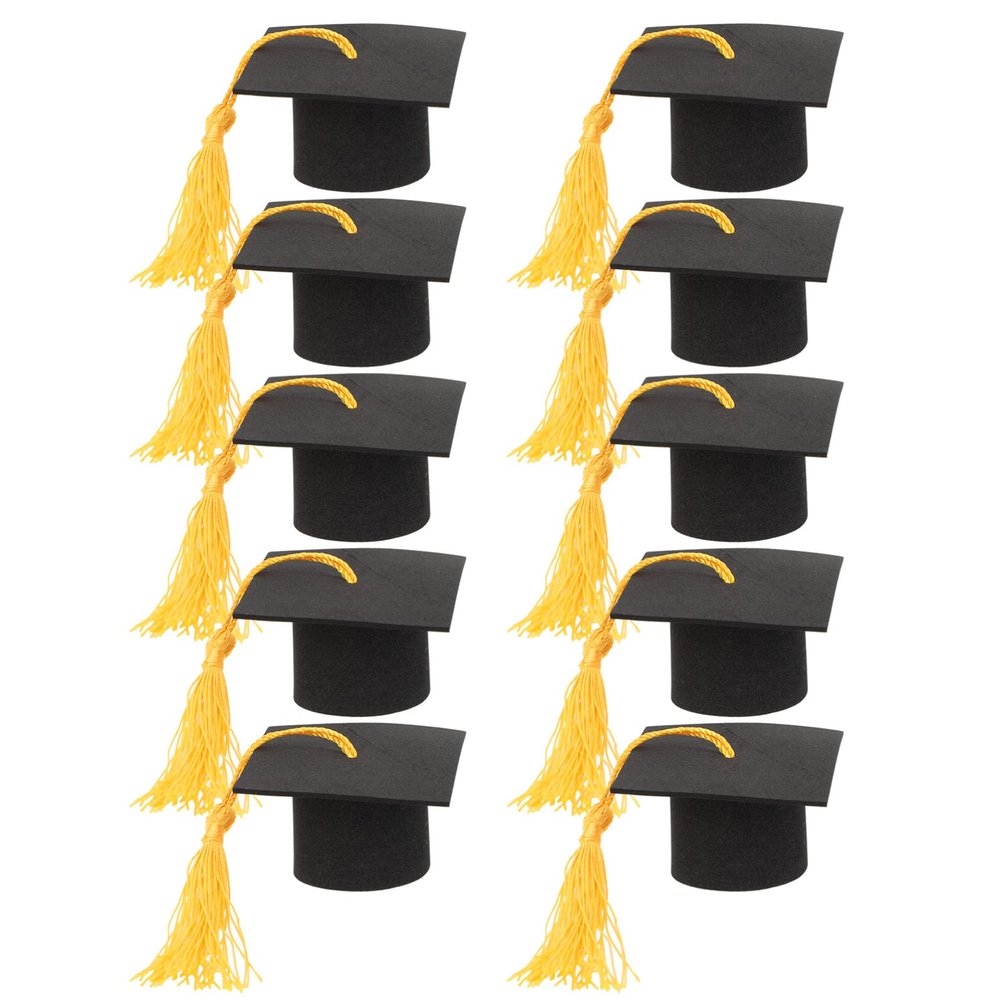 10pcs Mini Graduation Cap Bottle Toppers Graduation Hat Wine Toppers Cover with Tassel Cake Topper Decoration for 2023 Graduation Party Supplies Yellow