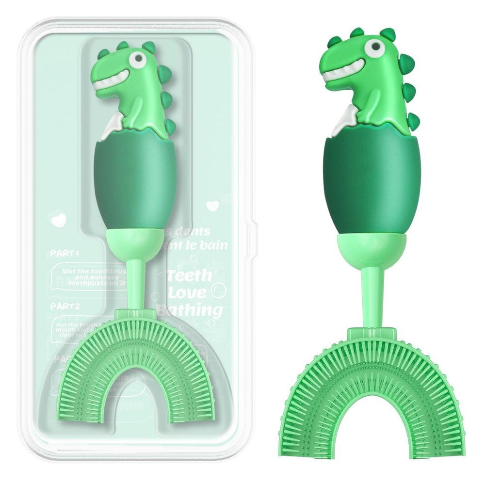 ZMRZ U-Shaped Toothbrush for Kids Ages 2-7Soft Food-Grade Silicone for Sensitive Gums360 Teeth Cleaning DesignTraining & Travel-Friendly Toddler's Toothbrush (Green, U Shaped)