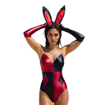 MrKnight Womens Sexy Bunny Romper One Piece Underbust Corset Lingerie Bodysuit Senpai Cosplay Anime Role Costume Stockings Set (XX-Large, Red&Black)