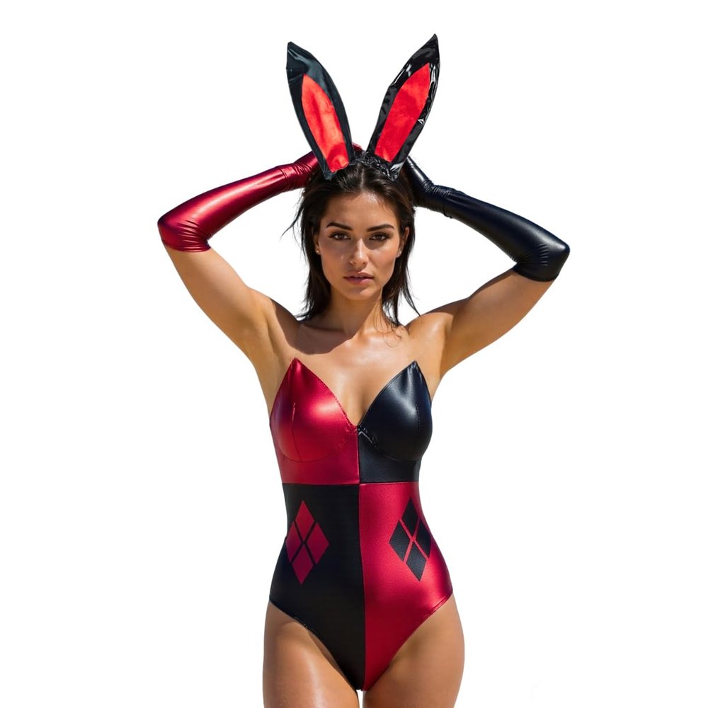 MrKnight Womens Sexy Bunny Romper One Piece Underbust Corset Lingerie Bodysuit Senpai Cosplay Anime Role Costume Stockings Set (XX-Large, Red&Black)