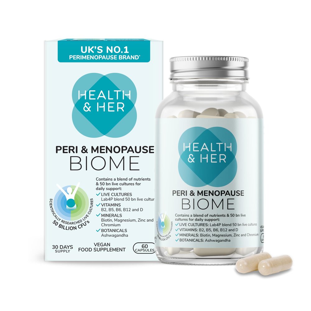 Health & Her Peri & Menopause Biome 50bn Live Cultures Supplements for Women - Ashwagandha, Magnesium, Zinc - 1 Month Supply, 60 Capsules - Phytoestrogen Free