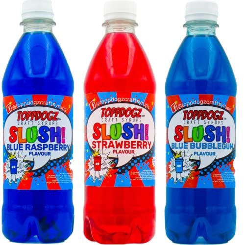 TOPPDOGZ Slush Syrup 3 x 500ml Blue Raspberry, Strawberry & Blue Bubblegum Home Slushie Syrup