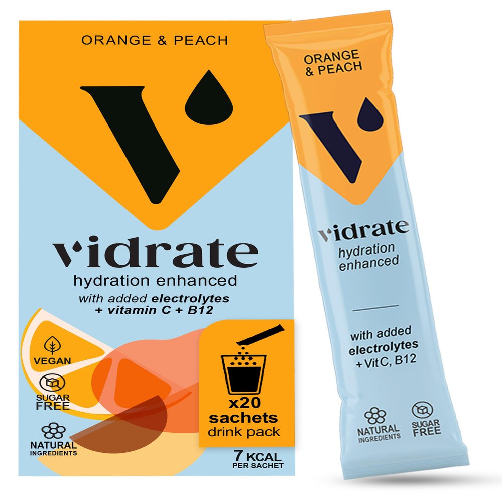 Electrolytes Powder - Hydration Sachets Packed with Vitamins - Zero Sugar Rehydration Sachet, No Artificial Sweeteners & Preservatives by ViDrate - Orange & Peach Large Pack, 20 Electrolytes Sachets