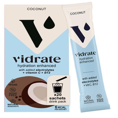 Vidrate Electrolytes Powder - Hydration Sachets Packed with Vitamins - Zero Sugar Rehydration Sachet with No Artificial Sweeteners & Preservatives - Coconut Large Pack, 20 Electrolytes Sachets