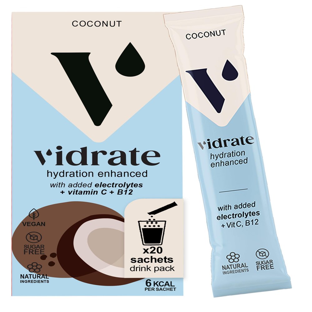 Vidrate Electrolytes Powder - Hydration Sachets Packed with Vitamins - Zero Sugar Rehydration Sachet with No Artificial Sweeteners & Preservatives - Coconut Large Pack, 20 Electrolytes Sachets