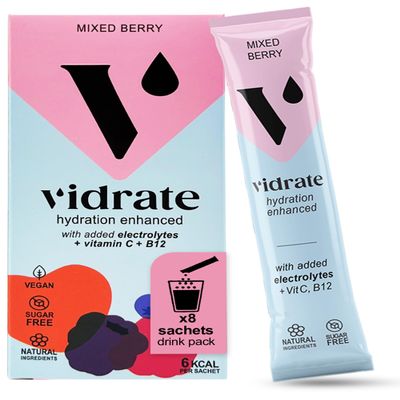 Vidrate Electrolytes Powder - Hydration Sachets Packed with Vitamins - Zero Sugar Rehydration Sachet with No Artificial Sweeteners & Preservatives - Mixed Berry Small Pack, 8 Electrolytes Sachets
