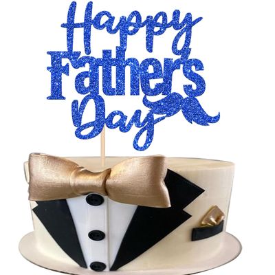 1 Pack Happy Father's Day Cake Topper Glitter Love Dad Cake Pick Super Dad Moustache Cake Decoration for Happy Father's day Theme Men Birthday Party Supplies Blue