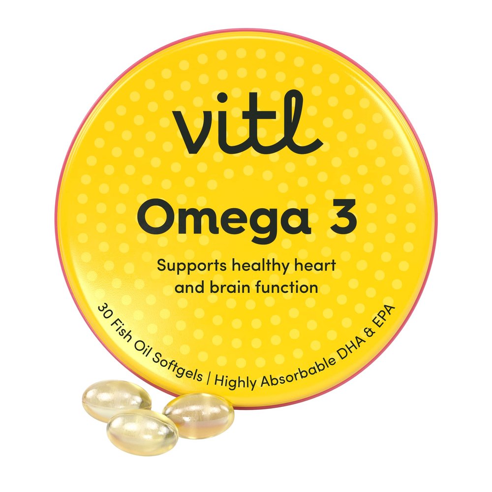 Vitl Omega 3 Fish Oil Supplement - 30 Easy to Swallow Softgel Capsules - Support Brain & Heart Health - 500mg Fish Oil, 250mg DHA & 50mg EPA