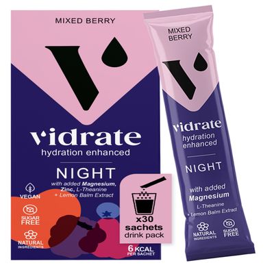 Vidrate Electrolytes Powder - Hydration Sachets Packed with Vitamins - Zero Sugar Rehydration Sachet with No Artificial Sweeteners - Night Time Mixed Berry Large Pack 30 Electrolytes Sachets