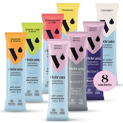 Vidrate Electrolytes Powder - Hydration Sachets Packed with Vitamins - Zero Sugar Rehydration Sachet with No Artificial Sweeteners & Preservatives - Mixed Berry Variety Pack, 8 Electrolytes Sachets