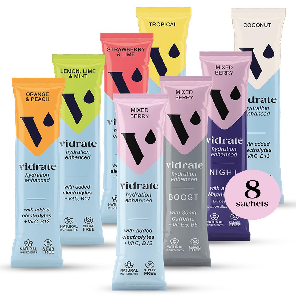 Vidrate Electrolytes Powder - Hydration Sachets Packed with Vitamins - Zero Sugar Rehydration Sachet with No Artificial Sweeteners & Preservatives - Mixed Berry Variety Pack, 8 Electrolytes Sachets