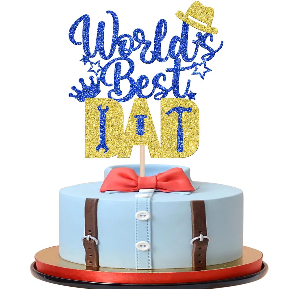 1 Pack Happy Father's Day Cake Topper Glitter World's Best Dad Cake Pick Hat Tool Love Dad Cake Decoration for Happy Father's day Theme Men Birthday Party Supplies Blue