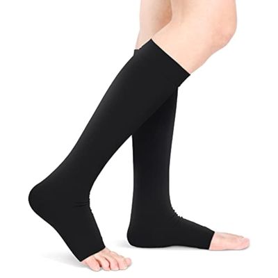 Open Toe Compression Socks for Men Women, Compression Stockings for Flight Pregnancy Travel Work Varicose Veins, 20-30 mmHg Graduated Support Knee High Calf Compression Sleeves(XL-Black)