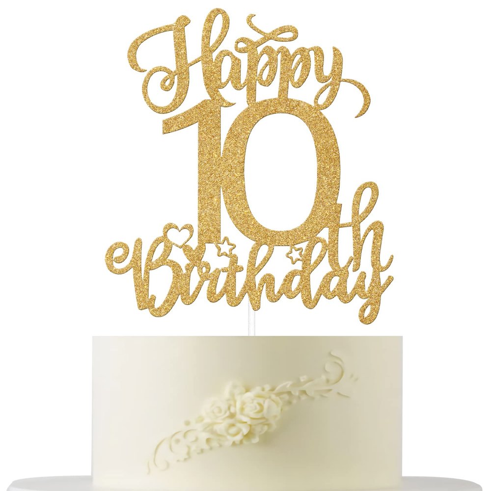 Happy 10th Birthday Cake Topper Gold Glitter, 10th Birthday Cake Topper, 10 Cake Topper, Cheers to 10 Years Cake Topper, Double Digits 10th Cake Topper 10th Birthday Party Decorations