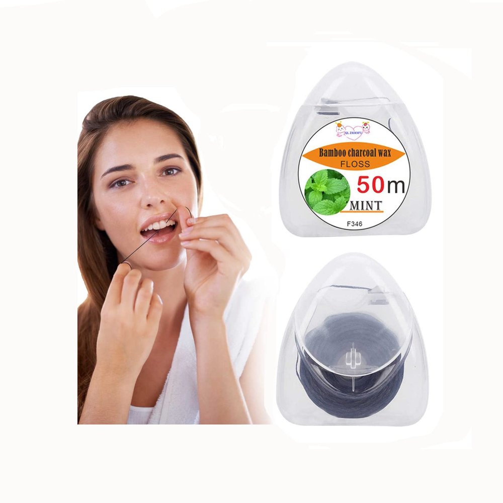 Dental Floss Tape 50M Natural Degradable Activated Bamboo Charcoal Corn Wide Teeth Cleaning Floss with Fresh Mint Flavor