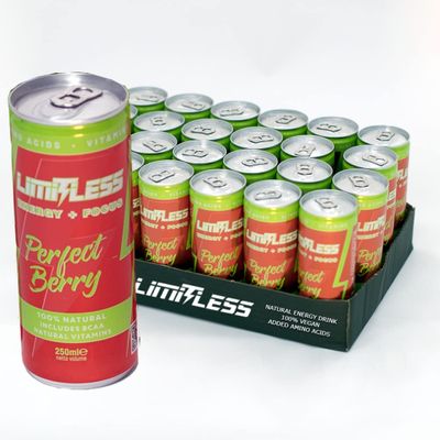 "LIMITLESS" ENERGY + FOCUS Natural Energy Drink, BCAA, Vegan, Low-Calorie, Zero Sugars (Perfect Berry, Pack of 24)