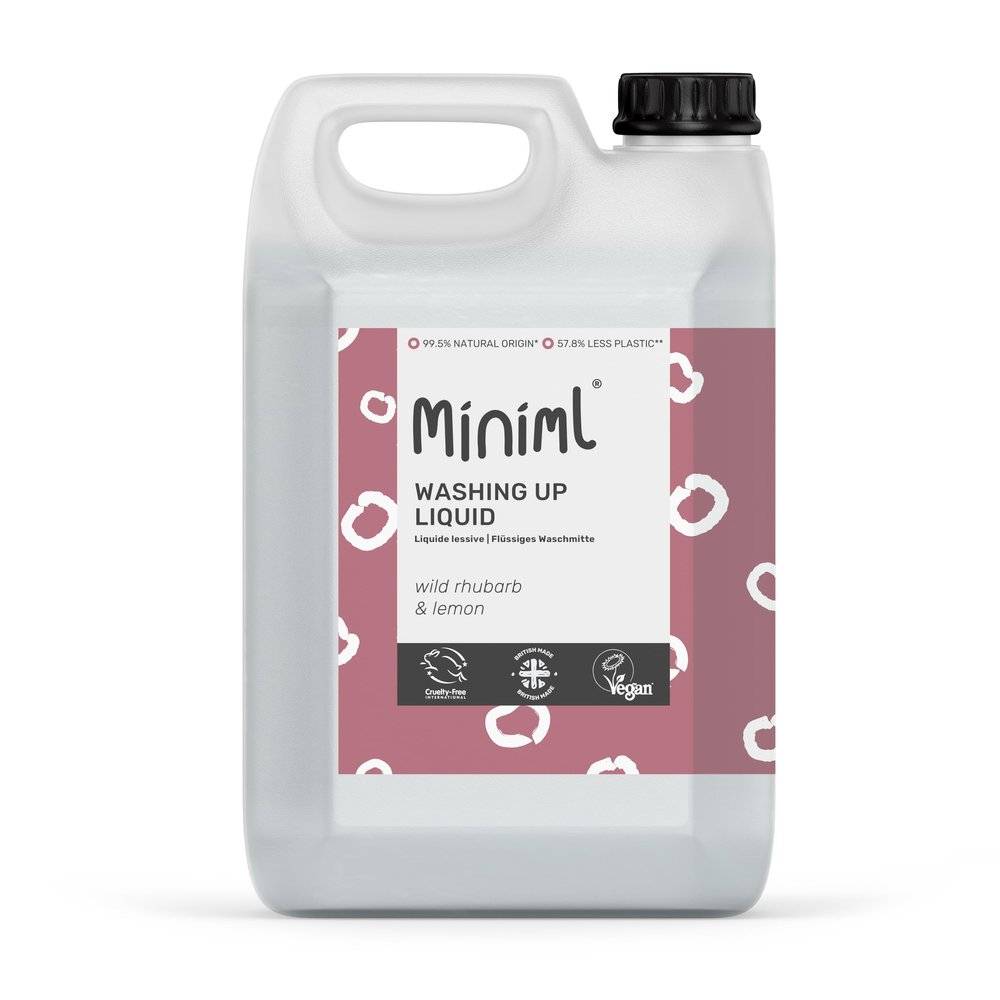 Miniml Eco Washing Up Liquid 5L Refill - Wild Rhubarb & Lemon Scented Non Bio & Skin Sensitive Friendly Dish Wash Cleaner Plant Based Vegan & Cruelty Free - Natural Cleaning Products (500 Washes)