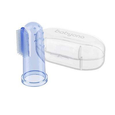 Babyono Silicone Finger Baby Toothbrush with Case  BPA-Free Infant Teething Toothbrush for Gum Massage and Oral Care  Soft Silicone Brush for Newborns 0m+ (Blue)