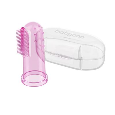 Babyono Silicone Finger Baby Toothbrush with Case  BPA-Free Infant Teething Toothbrush for Gum Massage and Oral Care  Soft Silicone Brush for Newborns 0m+ (Pink)