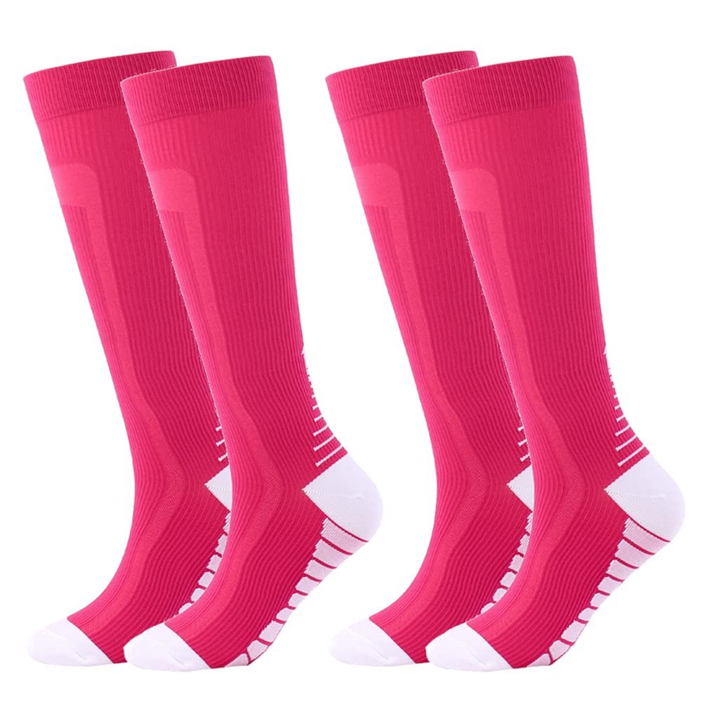 Linghe 2 Pairs Compression Socks for Women and Men 20-25mmHg, Is Best for Football, Travel, Flight, Athletics, Running, Calf Pressur Support, Nurse (S/M, Rose Red)