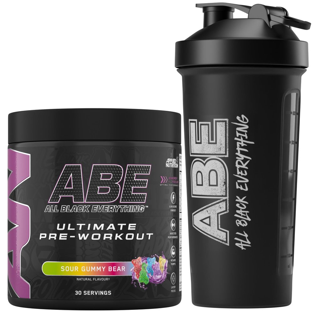 Applied Nutrition Bundle ABE Pre Workout 375g + ABE Black Shaker 700ml | All Black Everything Pre Workout Powder, Energy Drink, Physical Performance, Creatine, Beta Alanine, Caffeine (Sour Gummy Bear)