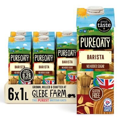 Glebe Farm Gluten Free PureOaty, Barista Grade, No Sugar, Dairy Free Coffee Creamer & High Protein Vegan Milk, Made With 100% British Oats, Plant Drink, 6 x 1 Litre