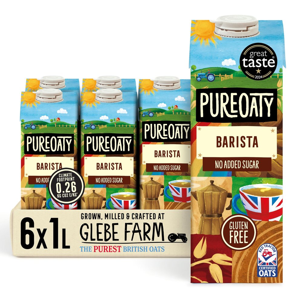 Glebe Farm Gluten Free PureOaty, Barista Grade, No Sugar, Dairy Free Coffee Creamer & High Protein Vegan Milk, Made With 100% British Oats, Plant Drink, 6 x 1 Litre