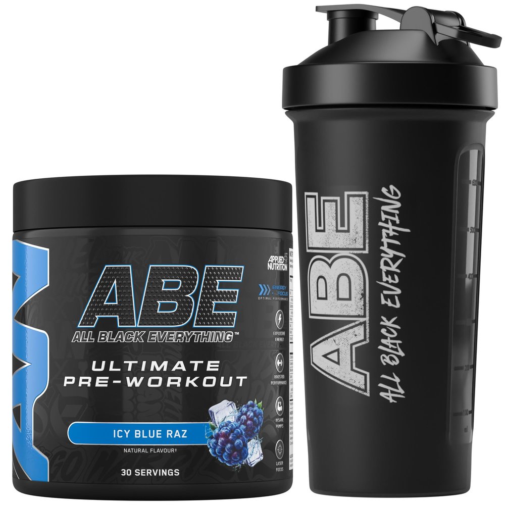 Applied Nutrition Bundle ABE Pre Workout 375g + ABE Black Shaker 700ml | All Black Everything Pre Workout Powder, Energy Drink, Physical Performance, Creatine, Beta Alanine, Caffeine (ICY Blue Raz)